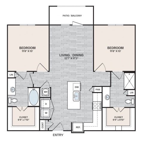 2 bed, 2 bath plan that is 1,083 square feet