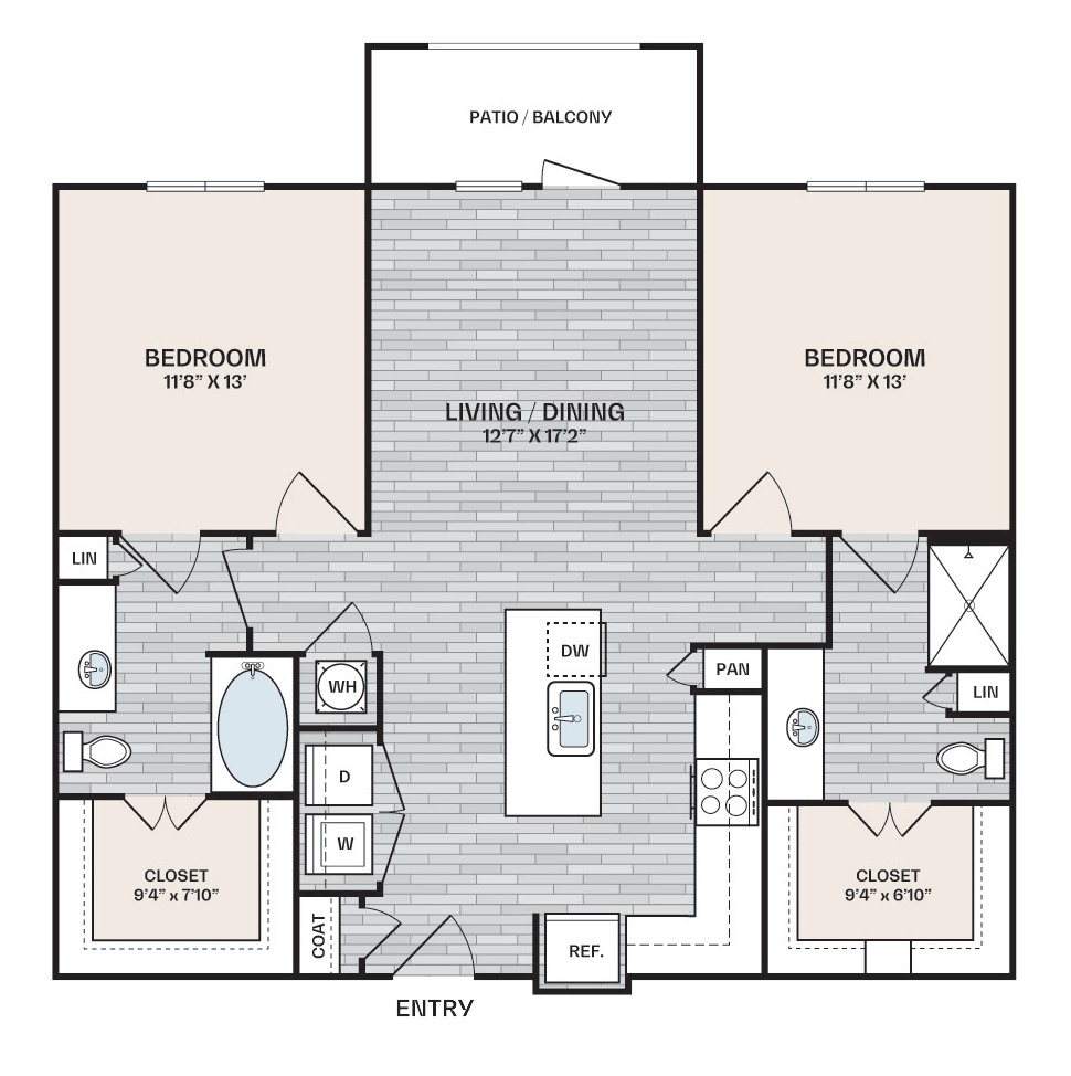 2 bed, 2 bath plan that is 1,083 square feet