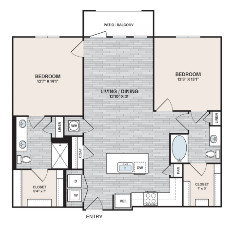 2 bed, 2 bath plan that is 1,184 square feet