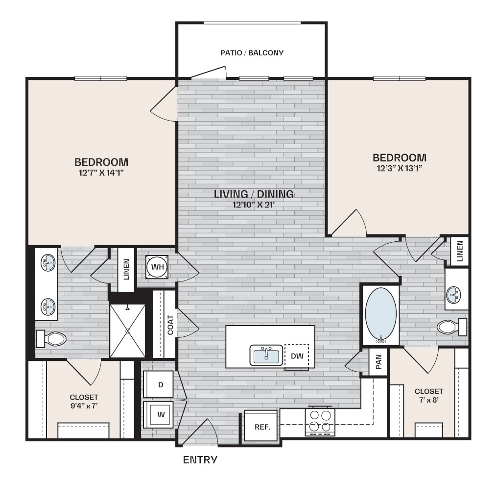 2 bed, 2 bath plan that is 1,184 square feet