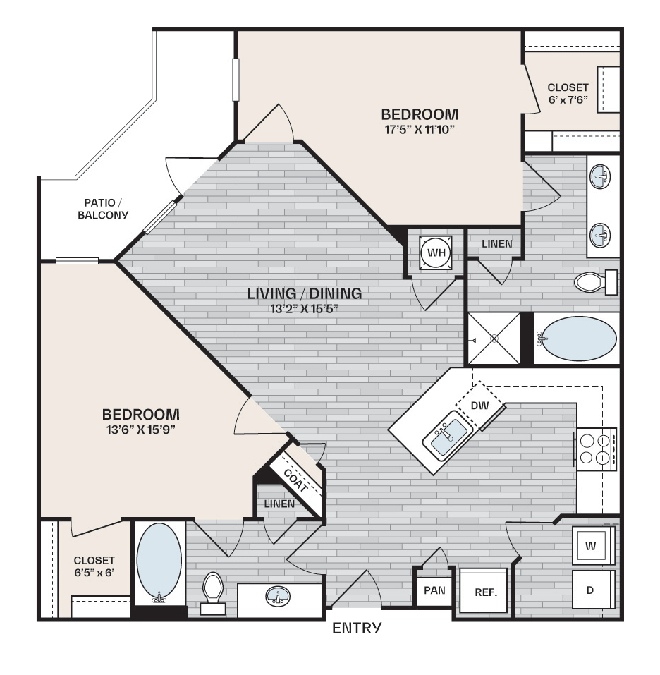 2 bed, 2 bath plan that is 1,152 square feet