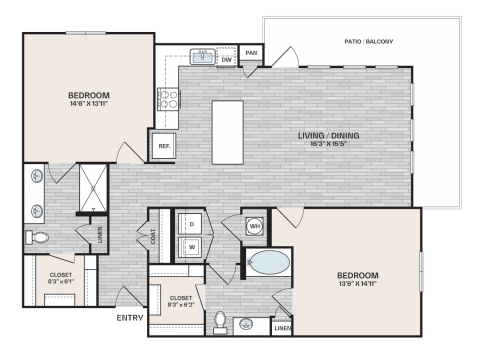 2 bed, 2 bath that is 1,288 square feet