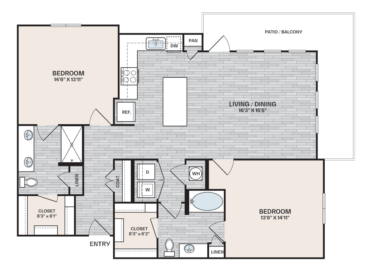 2 bed, 2 bath that is 1,288 square feet