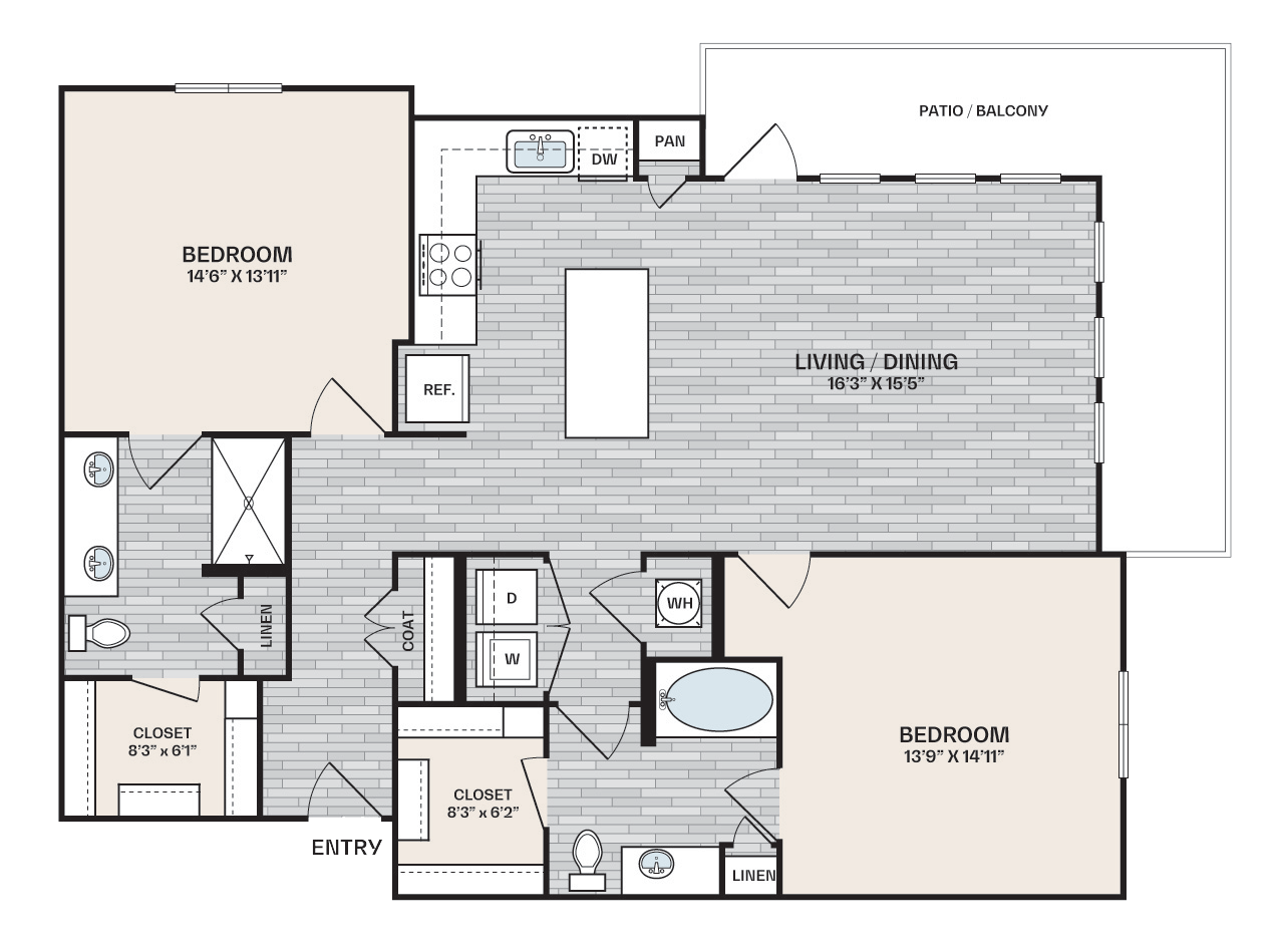 2 bed, 2 bath that is 1,288 square feet