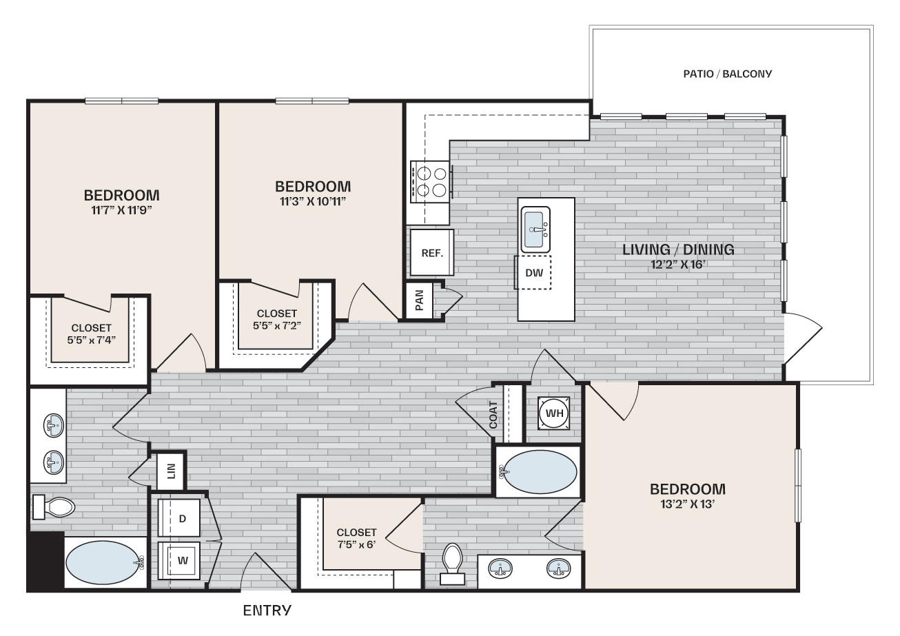 3 bed, 2 bath plan that is 1,368 square feet