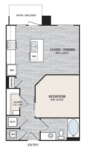 studio plan with 1 bedroom and is 620 square feet