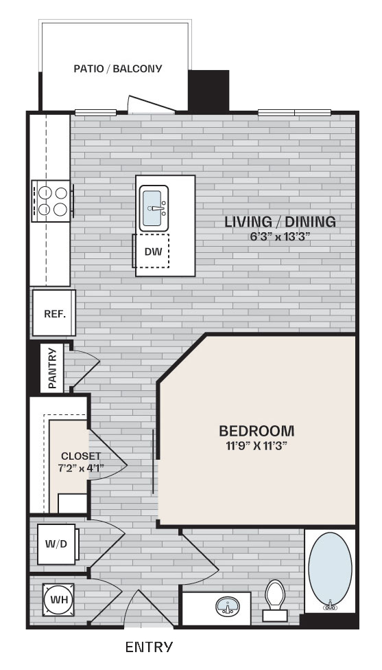 studio plan with 1 bedroom and is 620 square feet