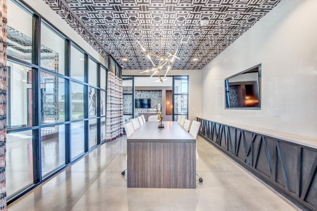 Conference room with a wall of windows on one side