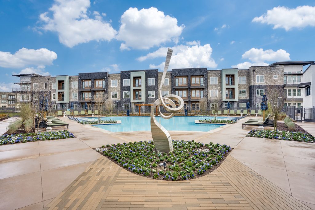 Pool with large art sculpture